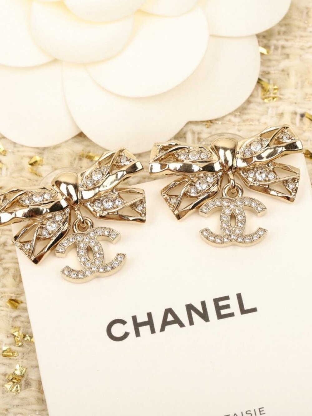 Chanel Gold-Tone Crystal Bow CC Drop Earrings